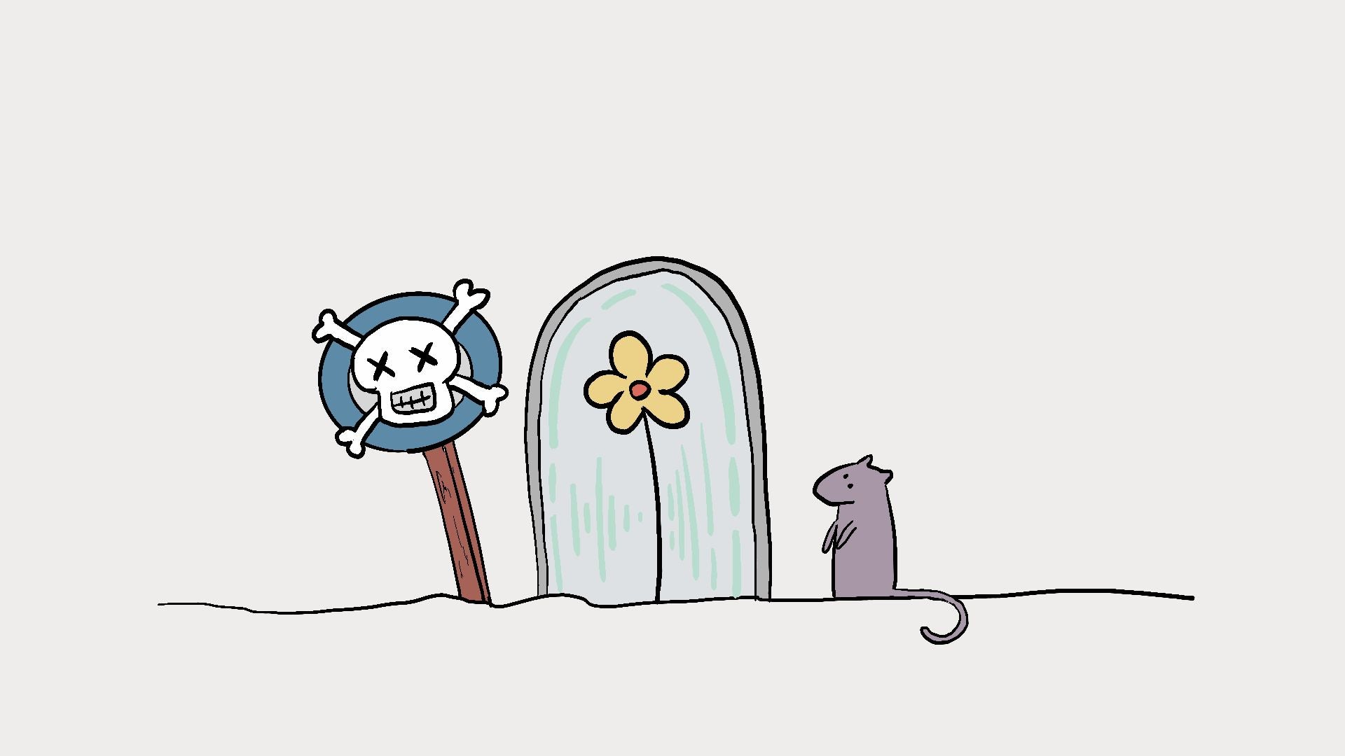 A minimalist cartoon illustration on a light gray background showing a gray tombstone with a yellow flower, a skull-and-crossbones sign on a pole, and a small gray mouse standing to the right.