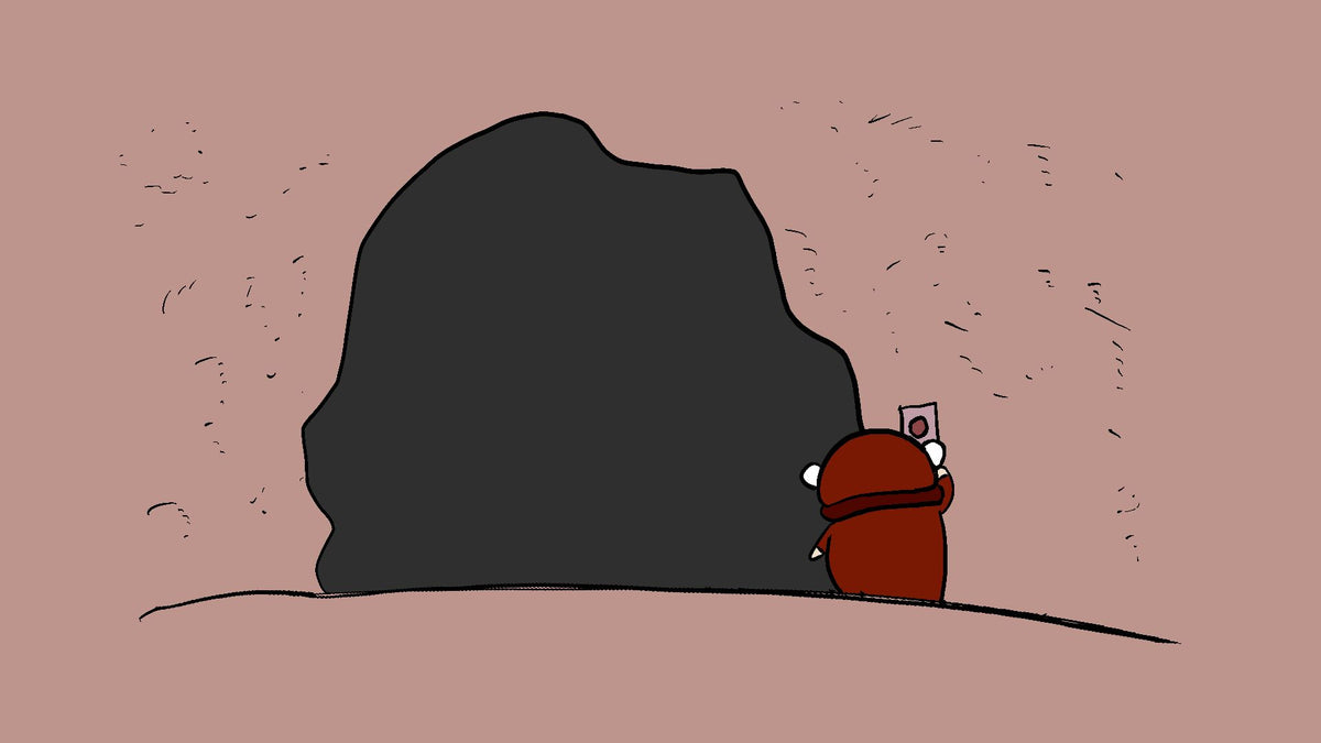 A minimalist cartoon illustration of Björn standing beside a large dark gray rock on a dusty pink background.