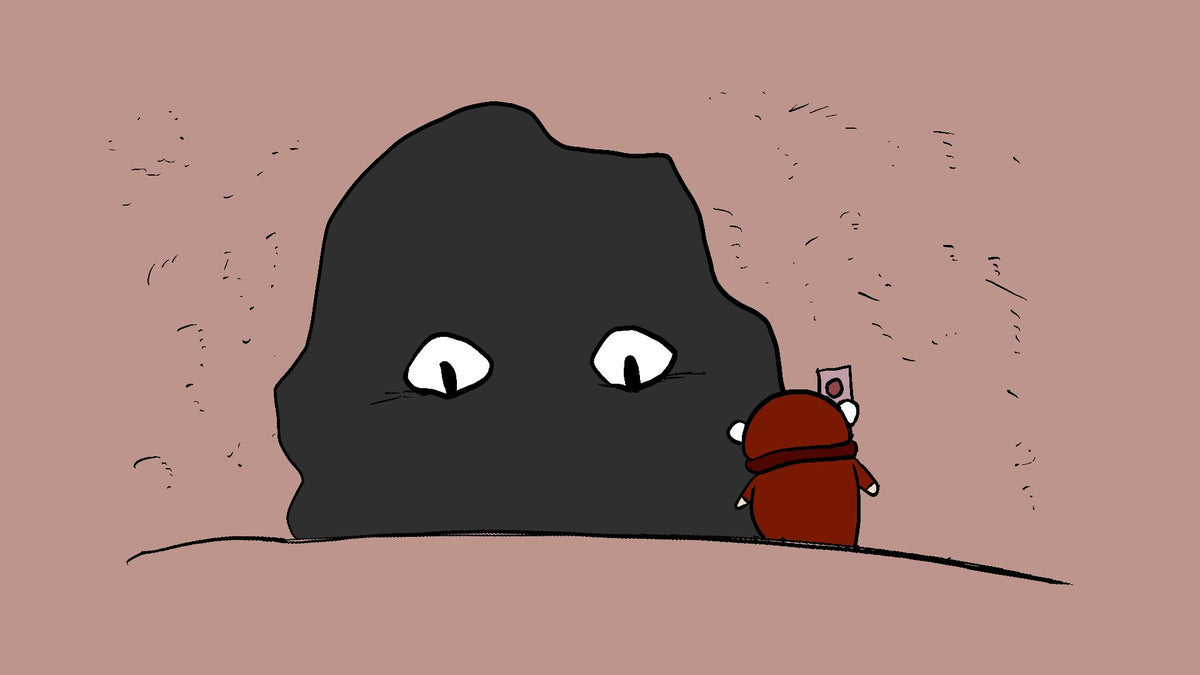 A minimalist cartoon illustration of a large dark gray rock-like figure with white eyes and Björn stand in front of it.