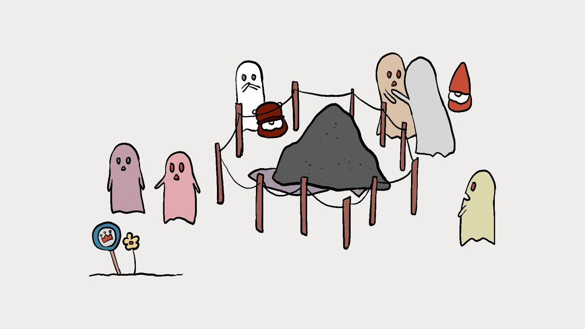 A minimalist cartoon illustration on a light gray background showing several ghost-like figures around a dark mound enclosed by a fence, with small accessories and a flower sign.