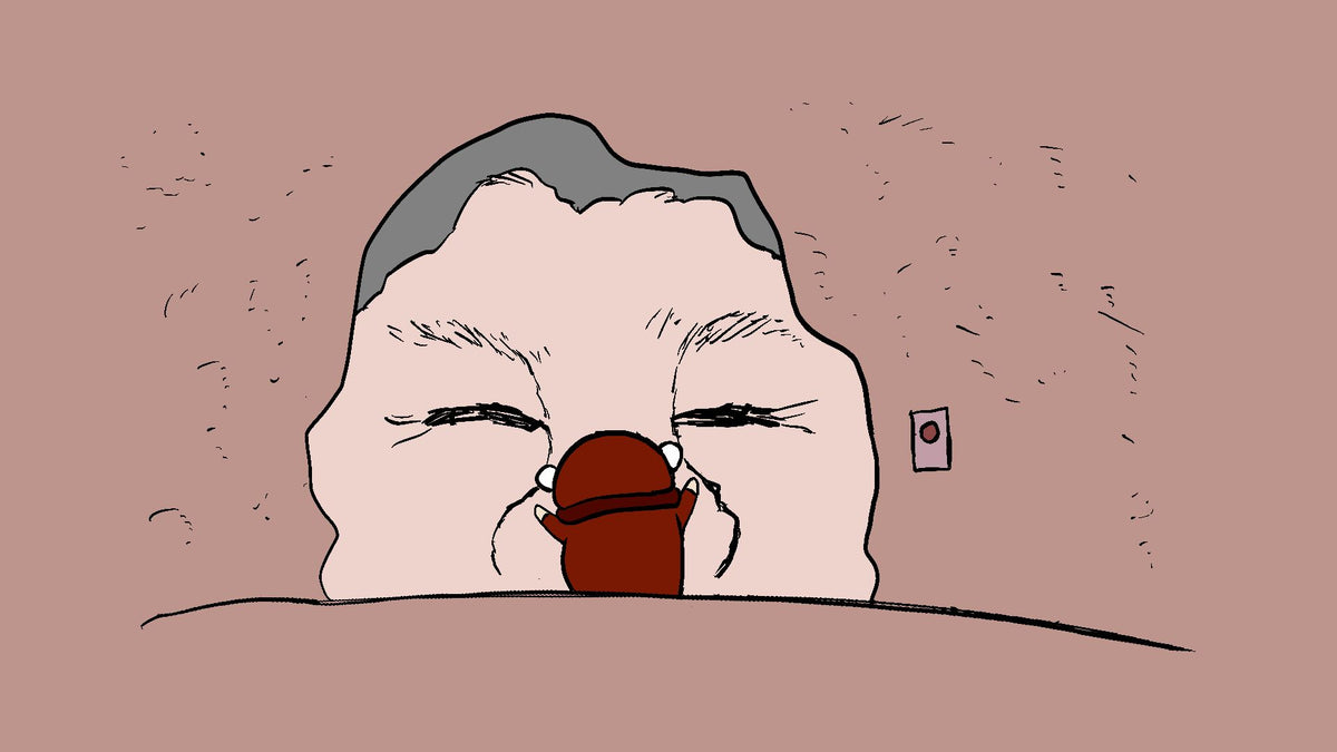A minimalist cartoon illustration of Björn hugging a large tröll face peeking over a dark horizontal line, with closed eyes, gray hair, and a small, set against a dusty mauve background.