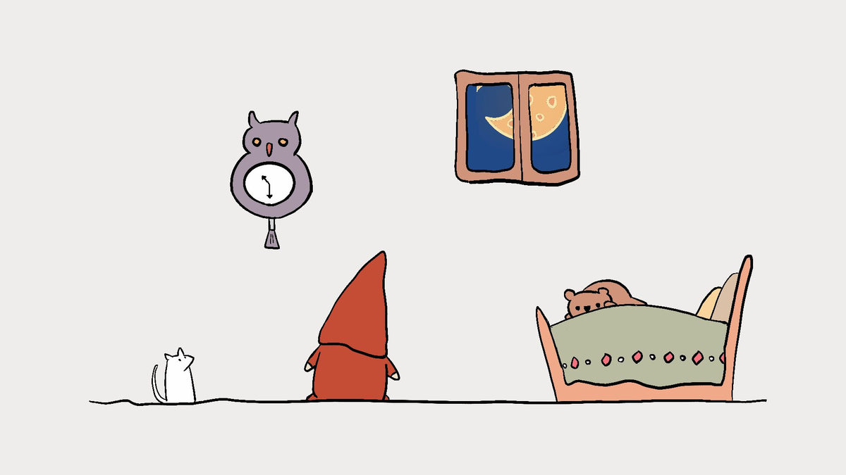 A minimalist cartoon illustration of a child's bedroom scene on a light gray background, featuring a small white mouse, Sveinn, a gray owl clock, a window with a yellow moon and blue sky, and a bed with a sleeping brown bear.