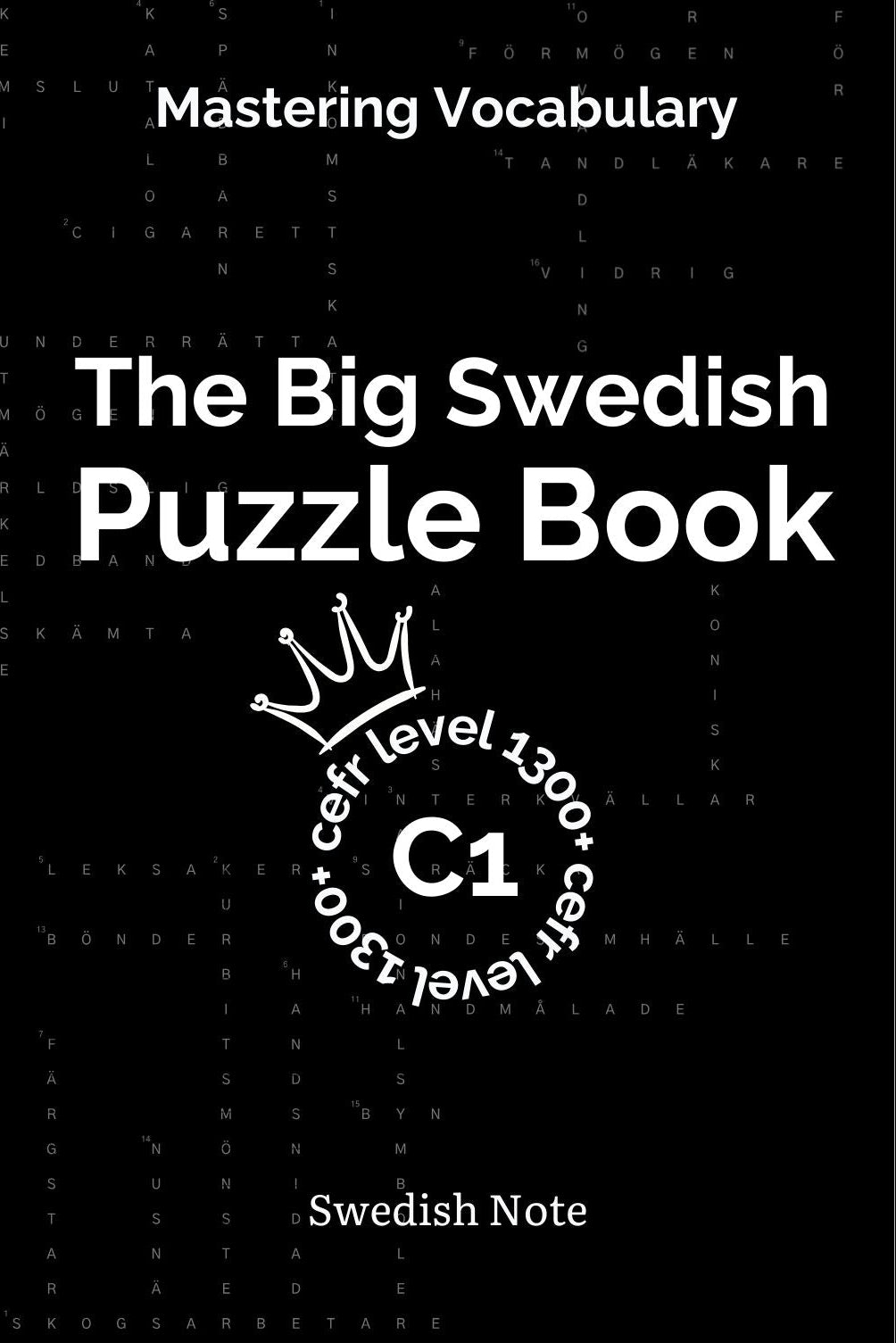 Book cover of 'The Big Swedish Puzzle Book' with text and logo on a black background
