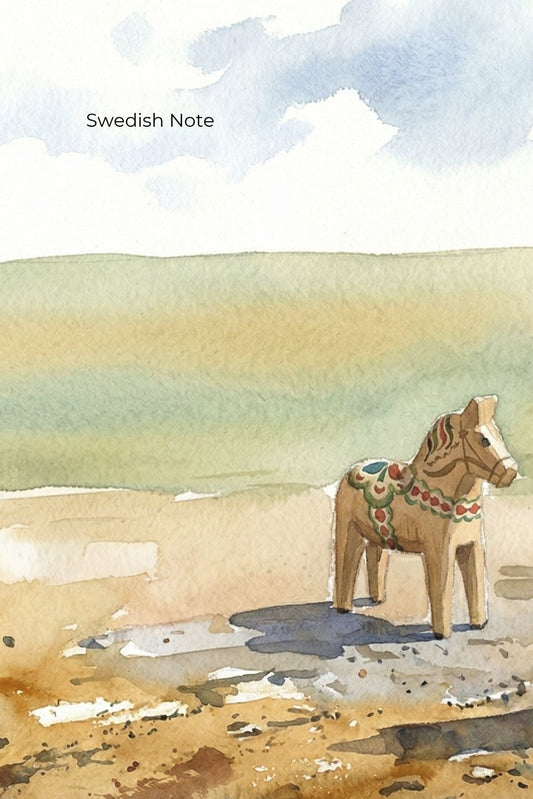 Book cover of 'Expressions in Swedish Practice Book I' with two decorated wooden horses in a landscape.