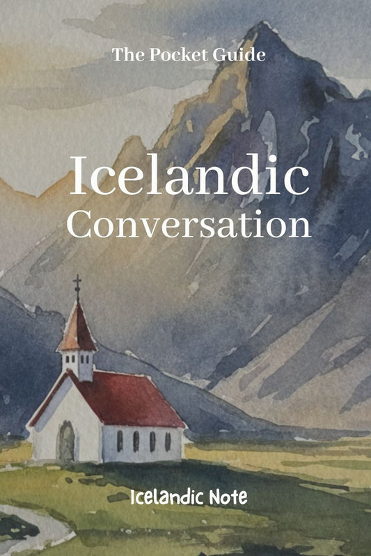 Book cover of 'Icelandic Conversation' with a church and mountain illustration.