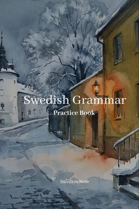 Book cover of 'Swedish Grammar Practice Book' with a snowy street scene illustration.