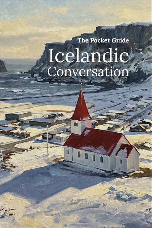 Icelandic village with a church and ocean view, book cover titled 'The Pocket Guide Icelandic Conversation'.