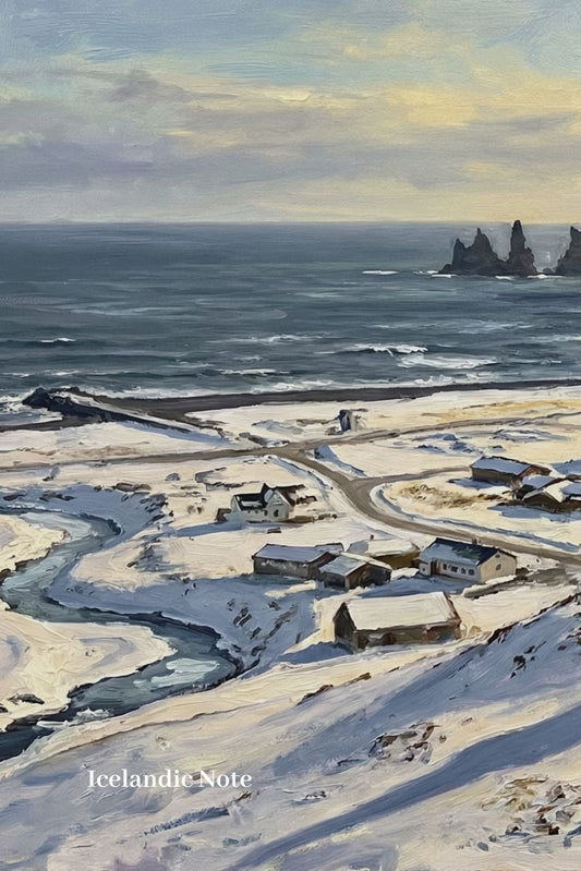 Icelandic village with a church and ocean view, book cover titled 'The Pocket Guide Icelandic Conversation'.