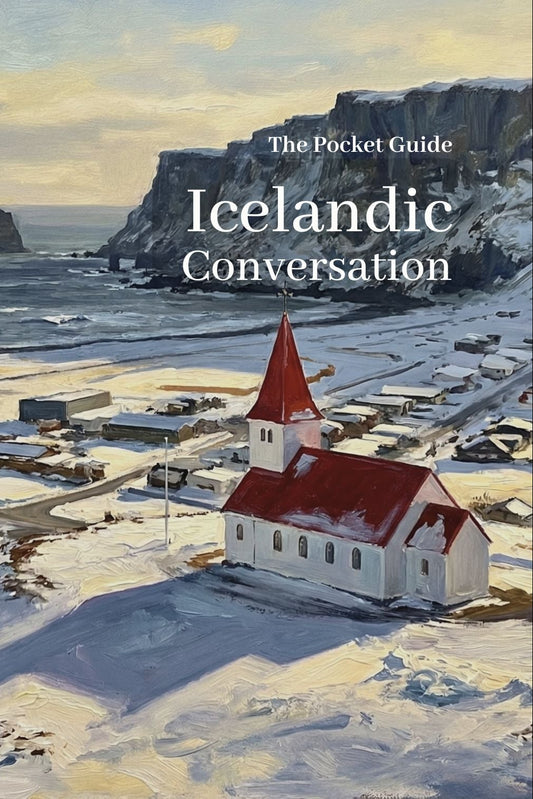 Icelandic village with a church and ocean view, book cover titled 'The Pocket Guide Icelandic Conversation'.