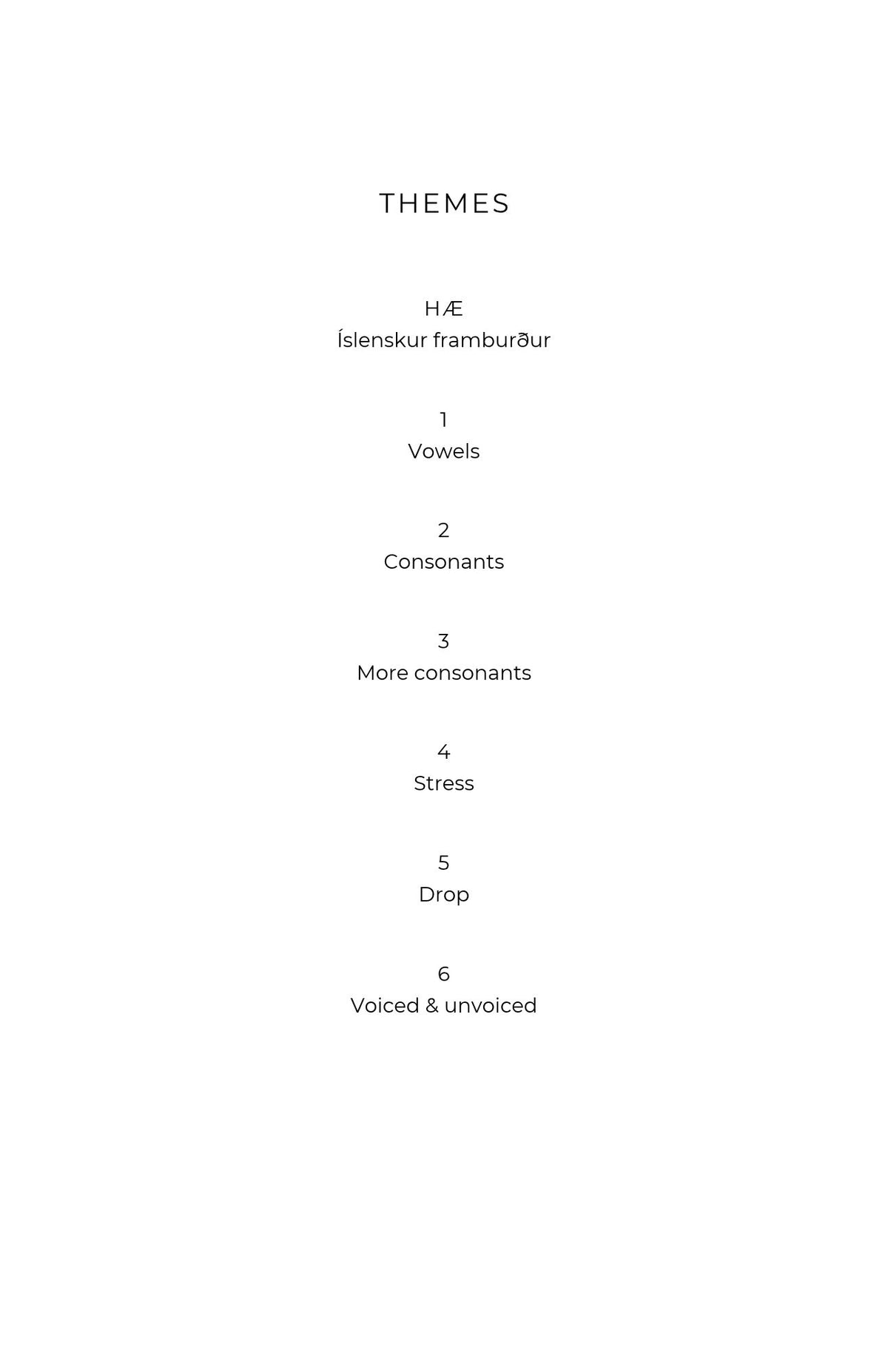 A text page of Icelandic pronunciation titled 'THEMES' with a list of topics including vowels, consonants, more consonants, stress, drop, and voiced & unvoiced.