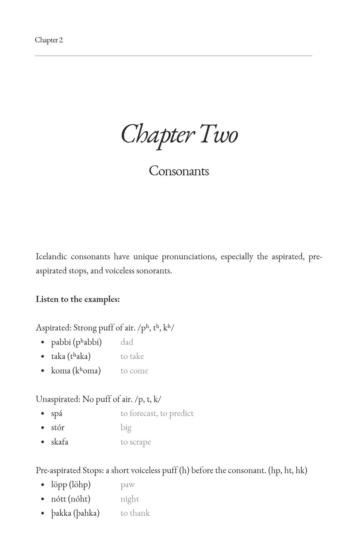 A text page from a book titled 'Chapter Two Consonants'. text including pronunciation examples and IPA symbols.