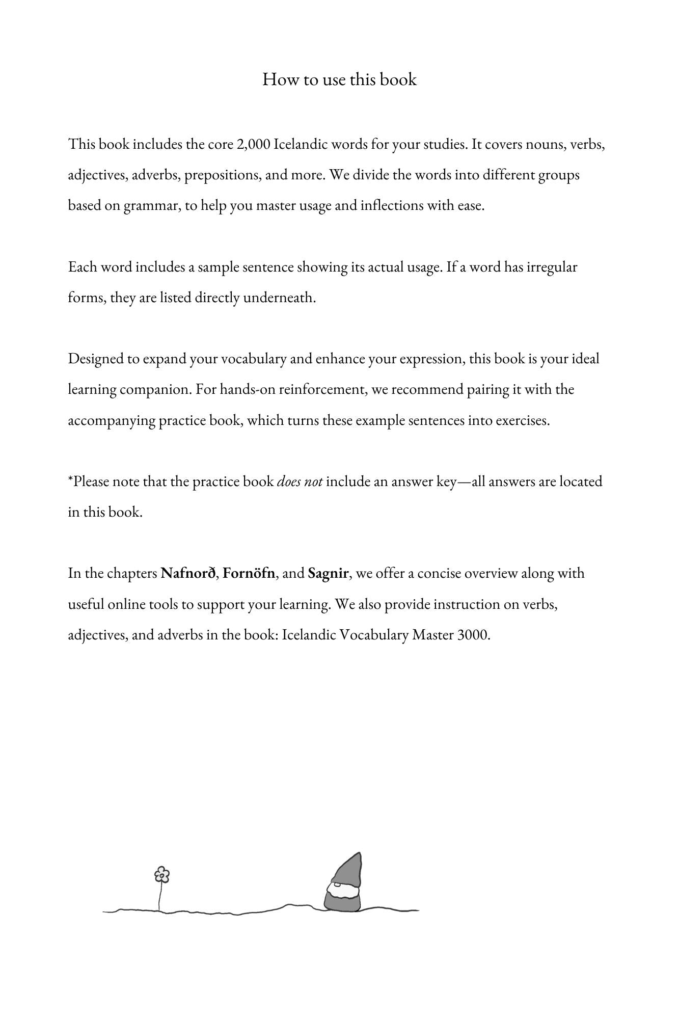 A printed informational page titled 'How to use this book' with paragraphs of black text on a white page and a small line-drawing at the bottom.