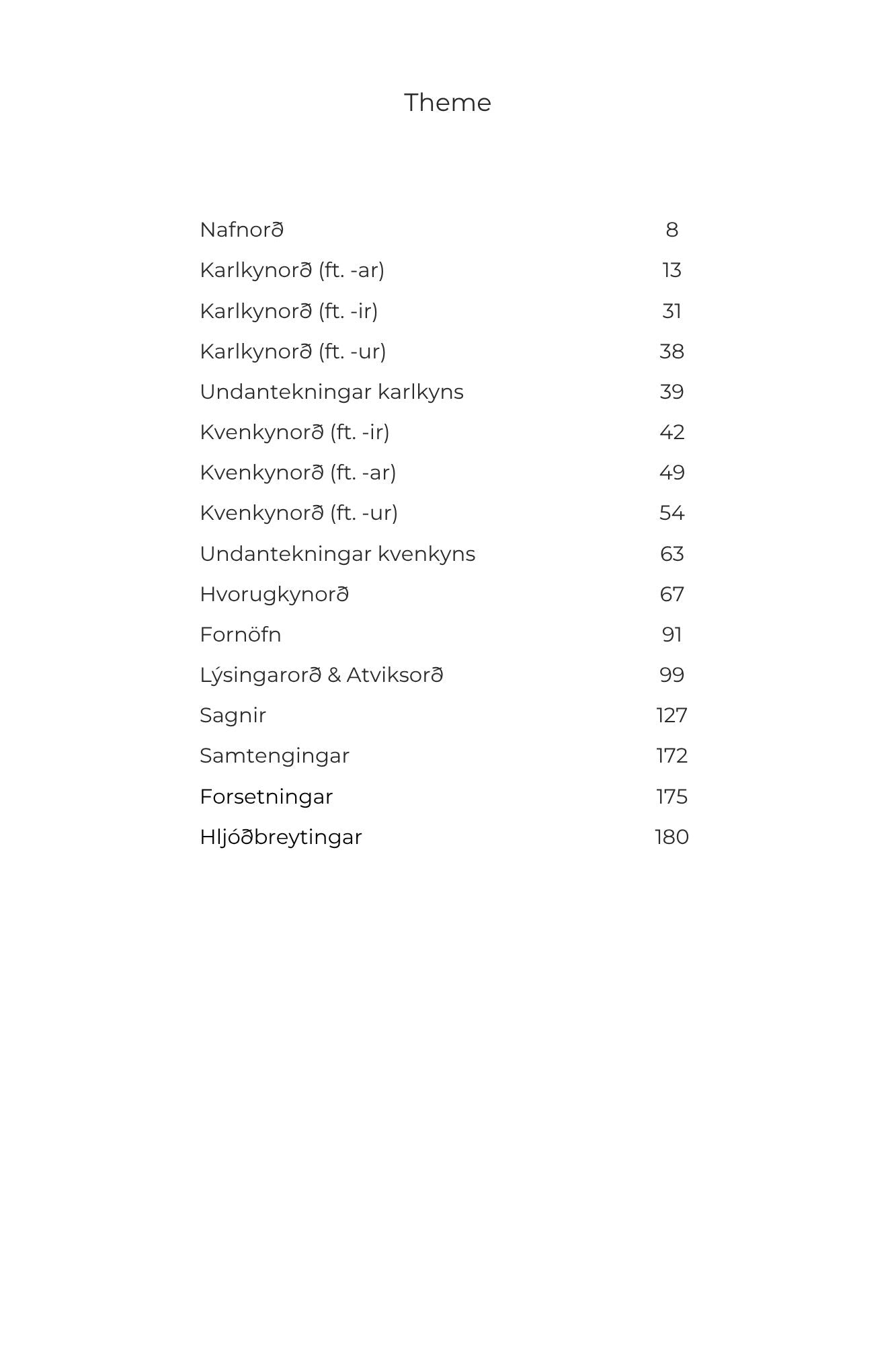 A black printed table of contents titled 'Theme' on a plain white background, listing Icelandic words and page numbers.