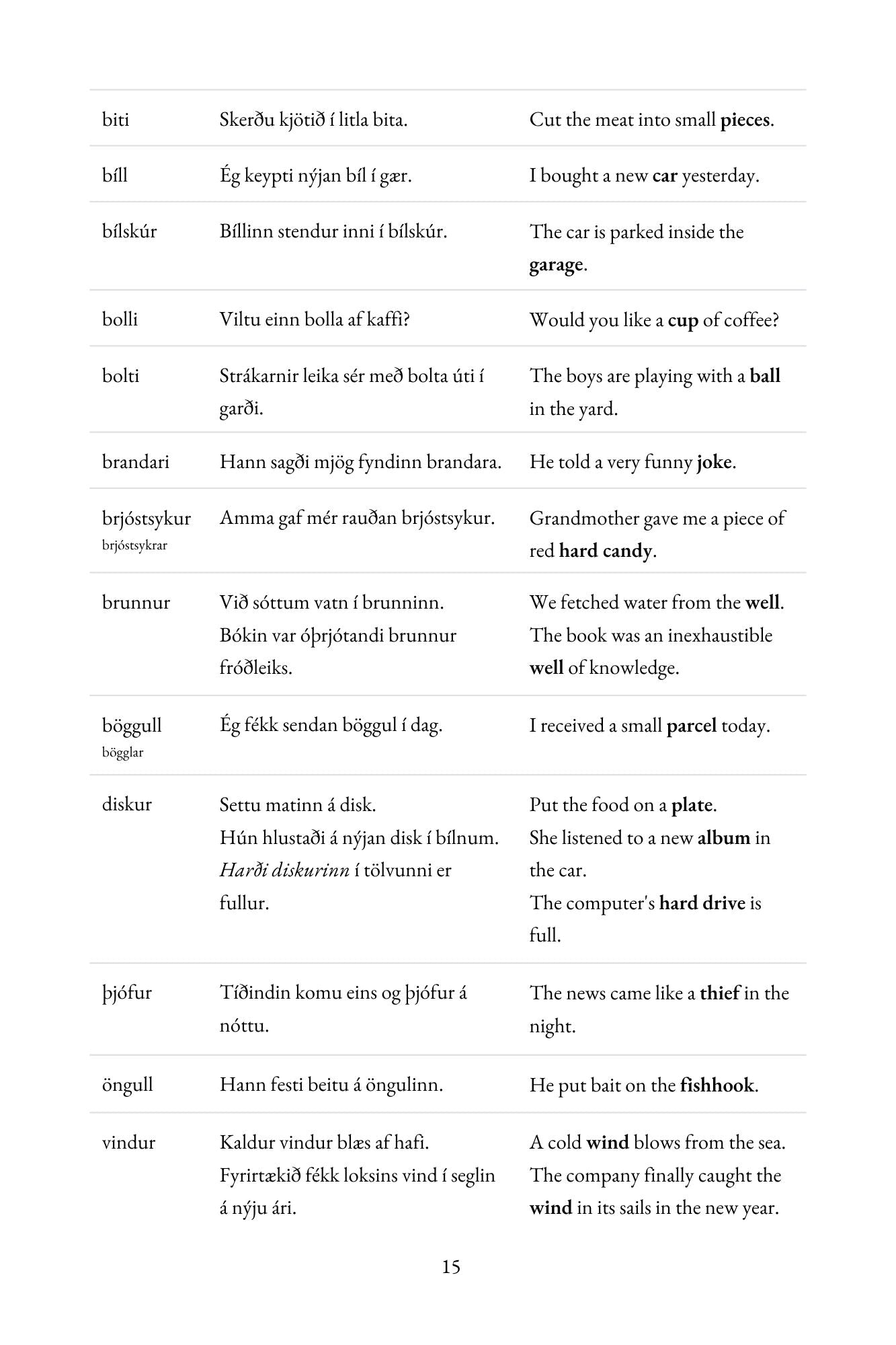 A printed page showing English-to-Icelandic vocabulary pairs and translations, with the number 15 at the bottom, photographed against a white background.