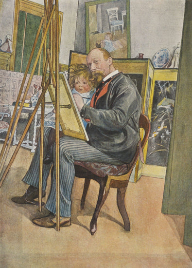 Man painting a child in an artist's studio with easels and art supplies.