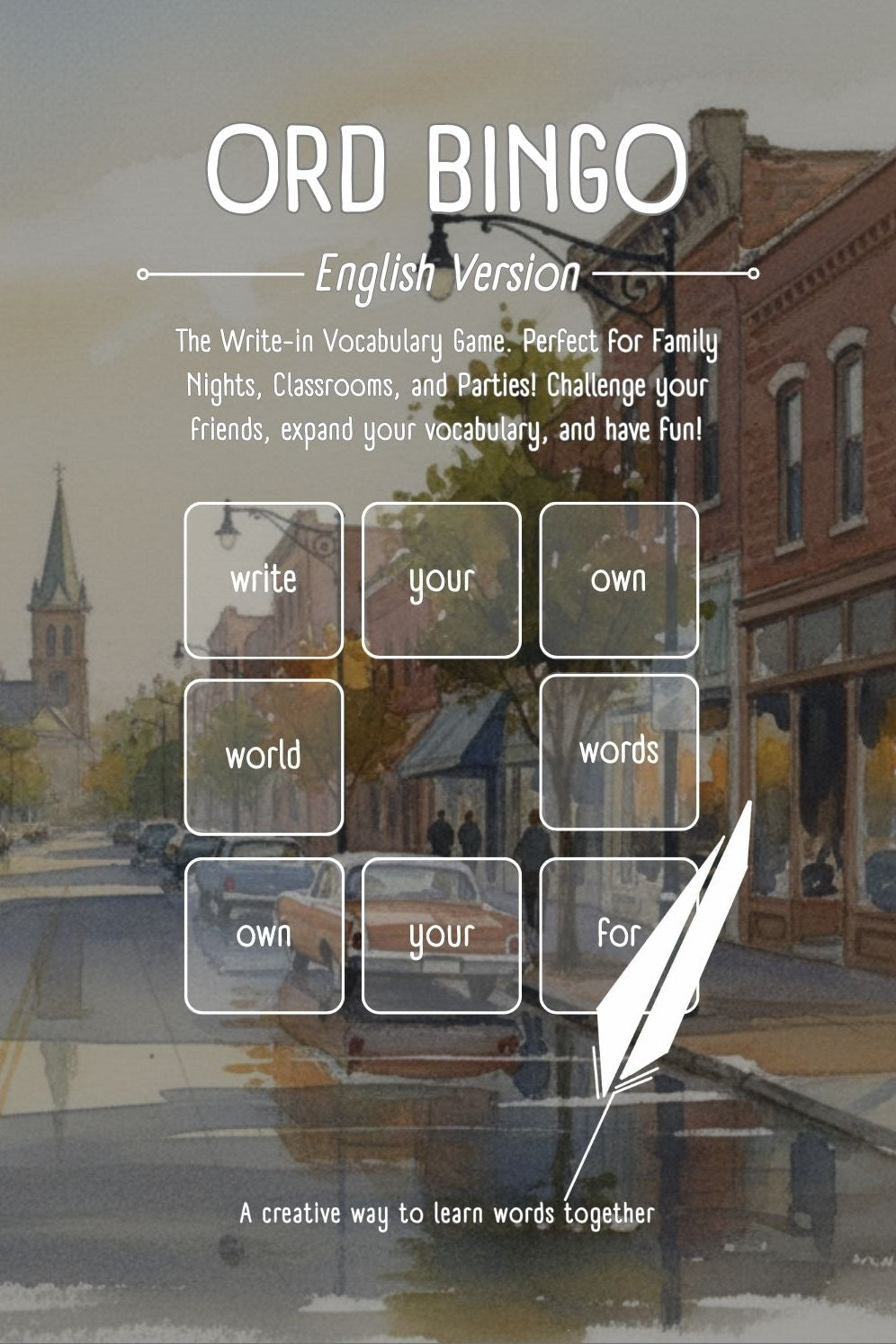 Town street scene with vintage car and buildings, overlaid with Ord Bingo game interface.