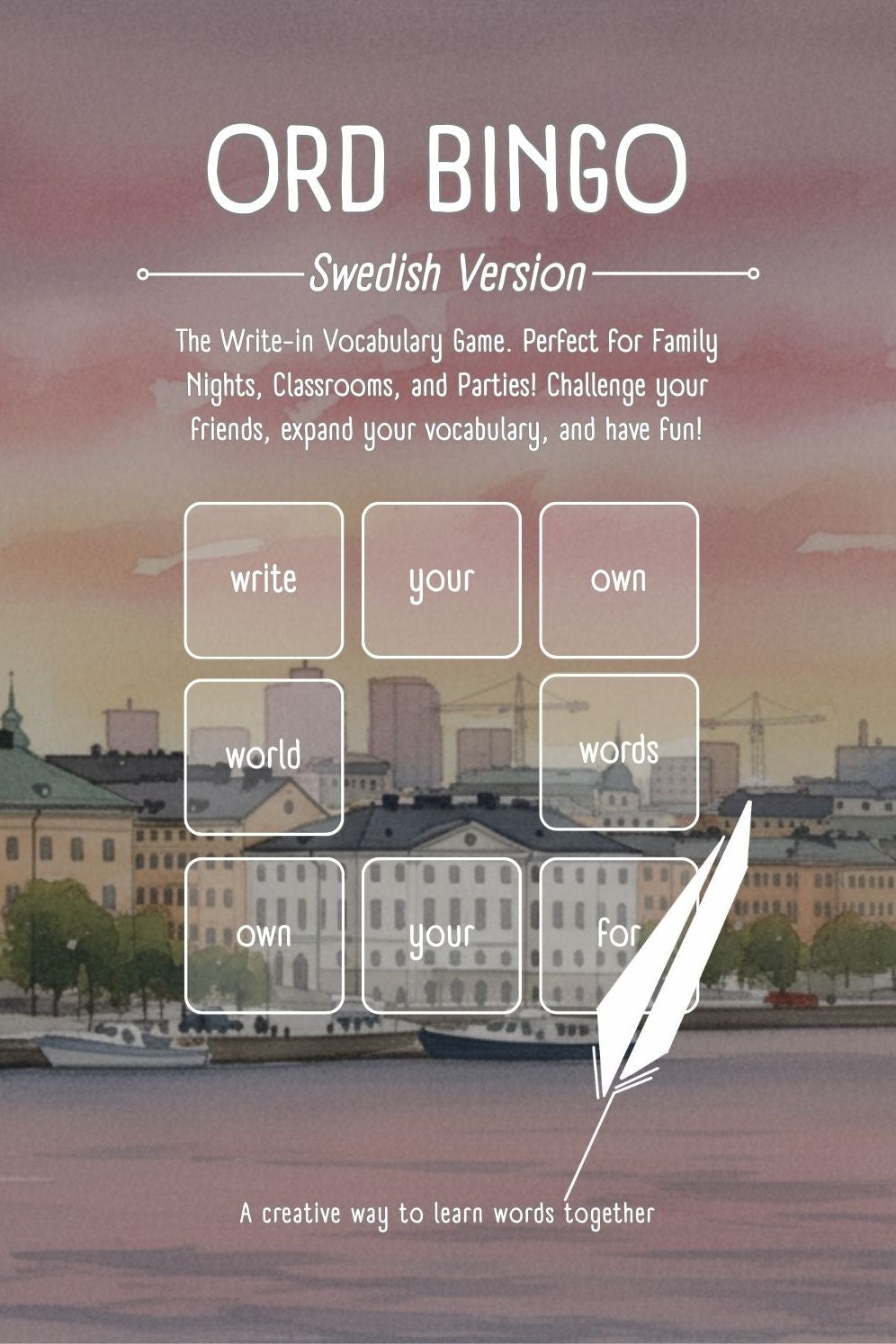 Cityscape with a church spire and water body, featuring the 'ORD Bingo' Swedish version game interface.