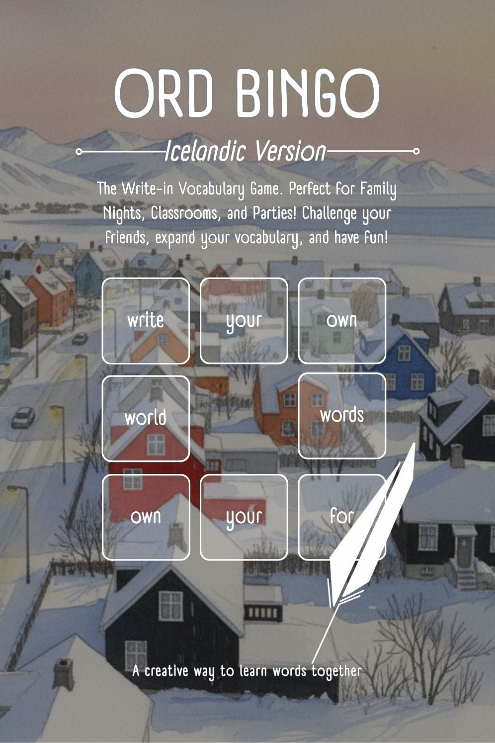 Winter scene with houses and mountains, overlaid with Ord Bingo game interface.