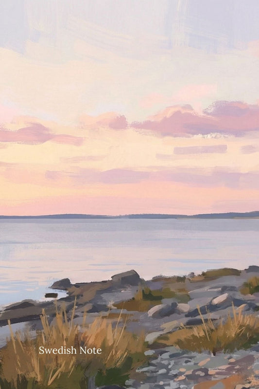 Cover of 'Expressions in Swedish Practice Book II' with a scenic illustration of wooden cabins by a lake.