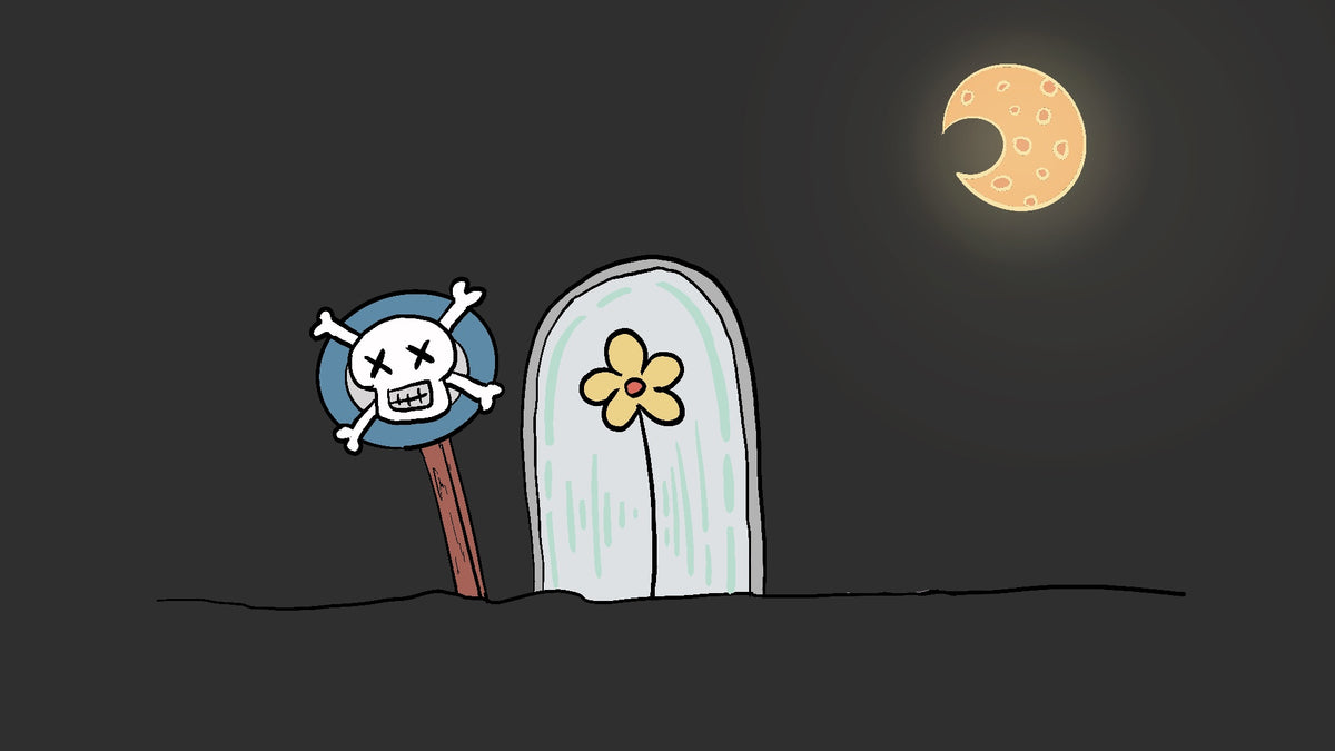 A minimalist cartoon illustration of a tombstone with a yellow flower and a skull-and-crossbones sign on a stick, set against a dark night sky with a crescent moon.