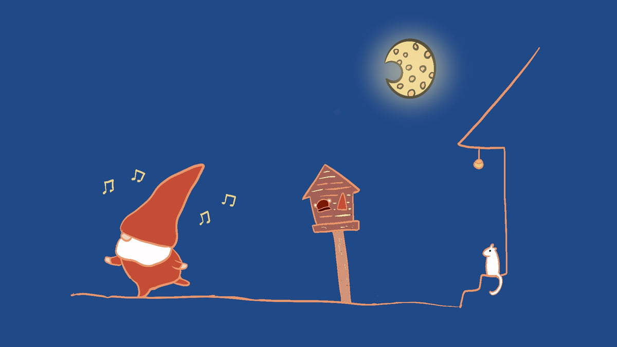 Sveinn, musical notes, a house, a white mouse, and a light on a string.