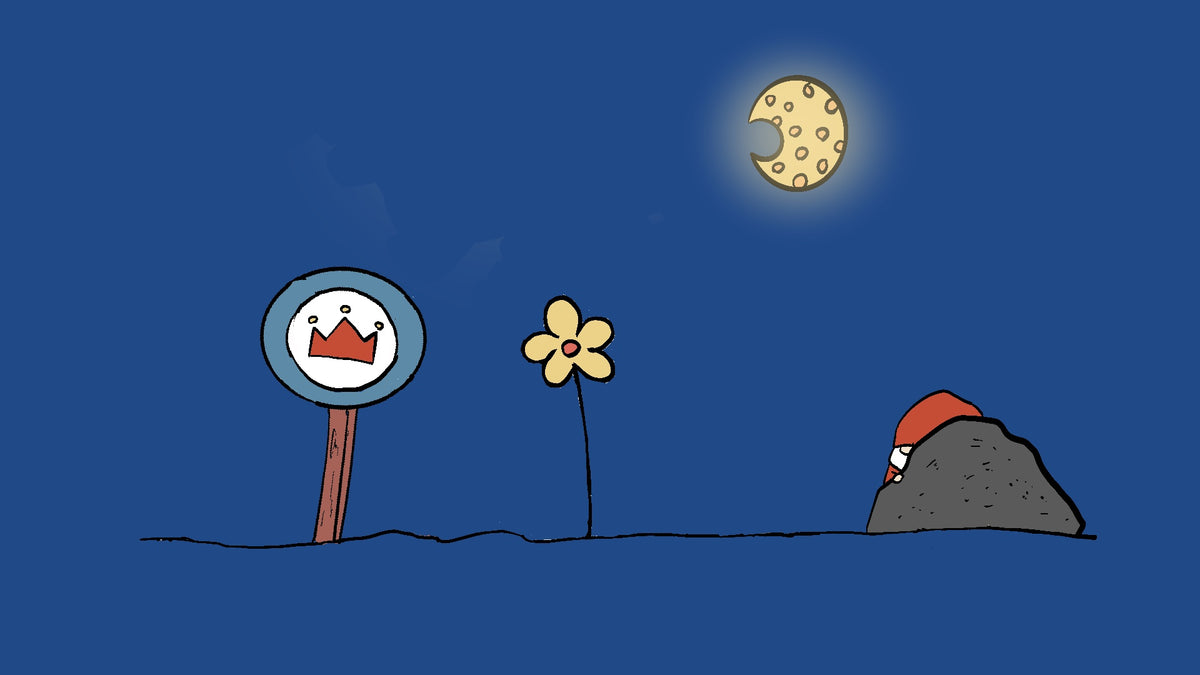 a yellow flower, a round signpost with a red crown, a gray rock with Sveinn peeking out, and a moon with a bite taken out of it.