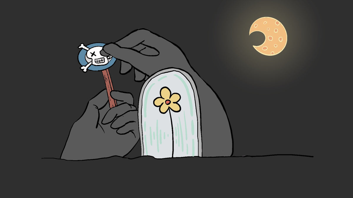 A stylized illustration of a dark hand holding a small skull-and-crossbones pendant above a white tombstone with a yellow flower, under a crescent moon on a dark background.
