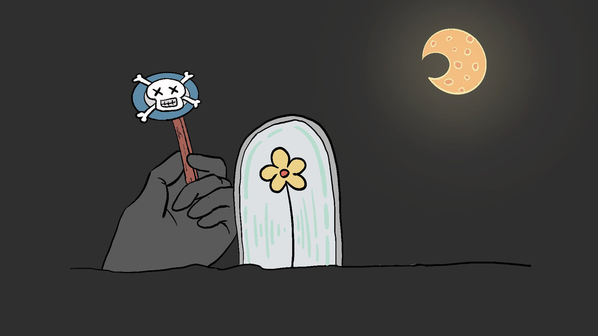 A dark illustrated scene showing a hand holding a skull-and-crossbones tumbler above a tombstone with a yellow flower, under a crescent moon in the sky.