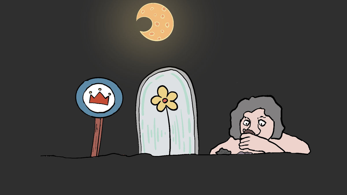 A hand-drawn cartoon scene on a dark background showing a tombstone with a yellow flower, a signpost with a red crown, and a troll holding stones