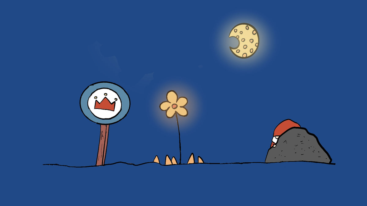 a round signpost with a red crown, a yellow flower, small orange spikes, a gray rock with Sveinn peeking out, and a yellow moon.