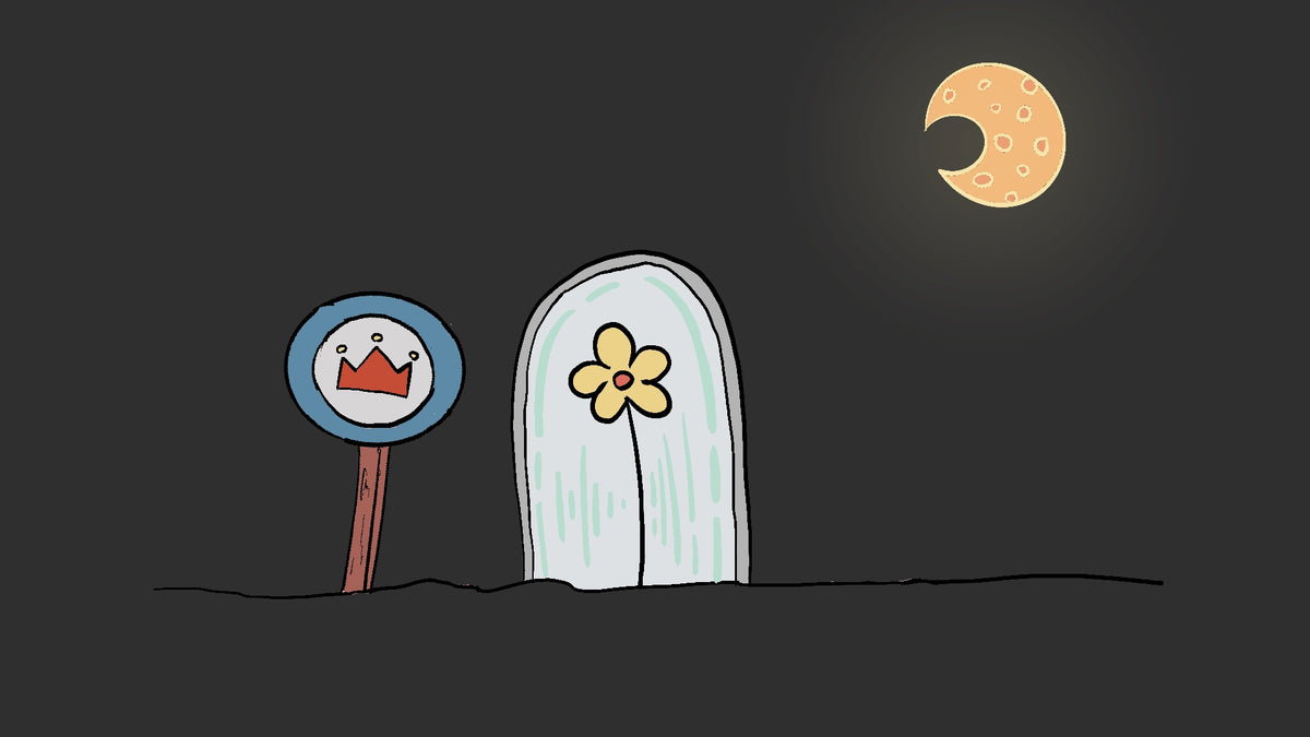 A minimalist cartoon-style illustration of a white tombstone with a yellow flower and a crown signpost on a dark night background with a crescent moon.
