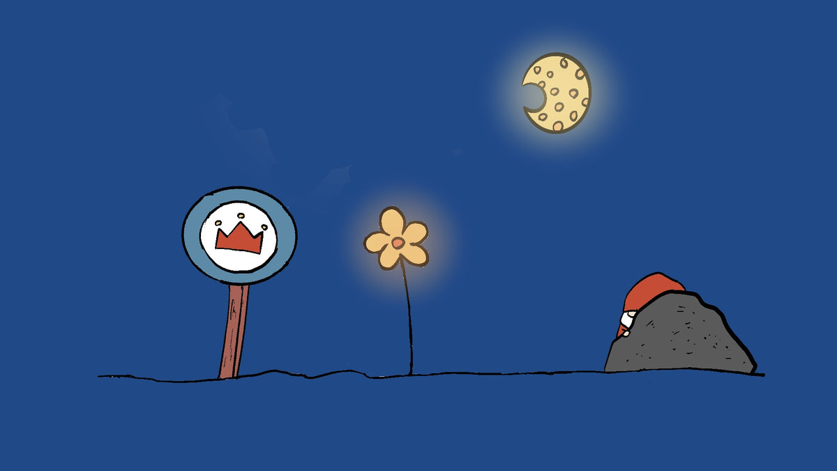 a round signpost with a crown, a small glowing yellow flower, a gray rock with Sveinn peeking out, and a crescent moon with a bite taken out of it.