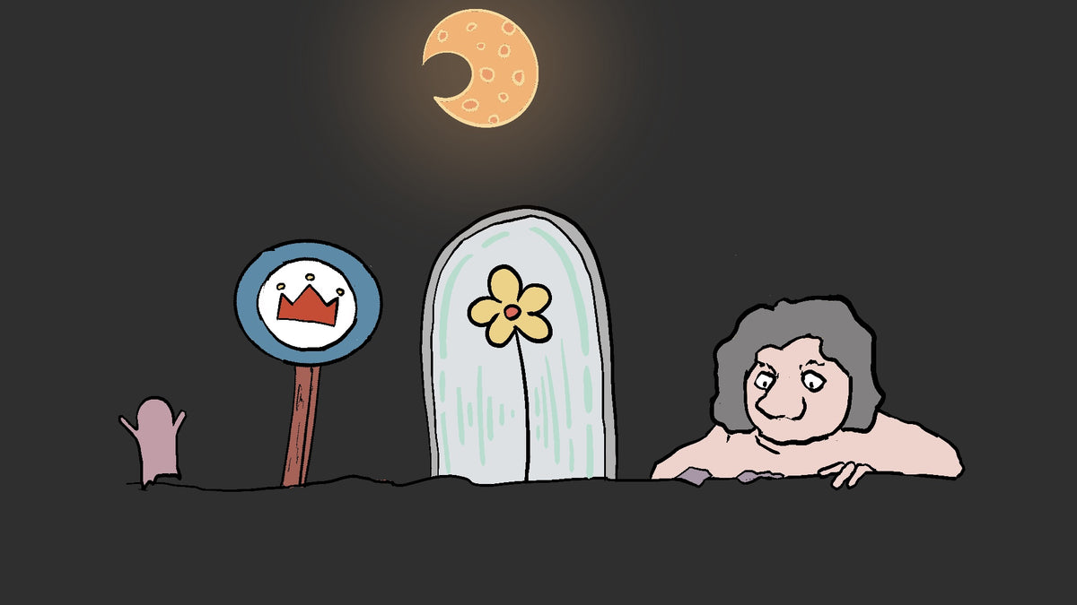 A hand-drawn cartoon illustration on a dark background showing a tombstone with a yellow flower, a signpost with a crown, a small hand, and a troll peeking from behind the ground at night under a crescent moon.