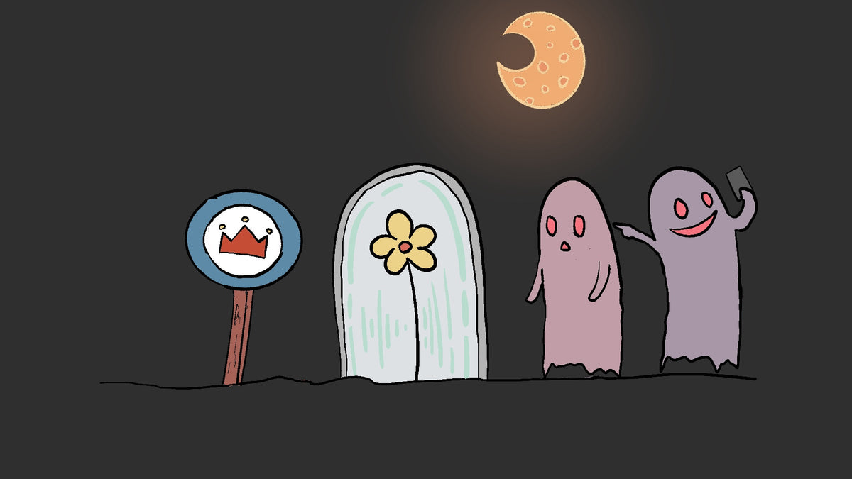 A whimsical cartoon illustration on a dark background showing a tombstone with a yellow flower, a blue circular sign with a red crown, and two ghost-like figures under a crescent moon.
