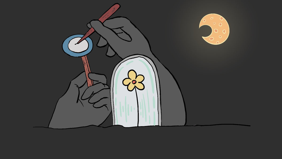 A stylized illustration of a small white glass with a yellow flower, held up by two gray hands under a crescent moon. One hand holds a red tool and the other holds a blue circular object.