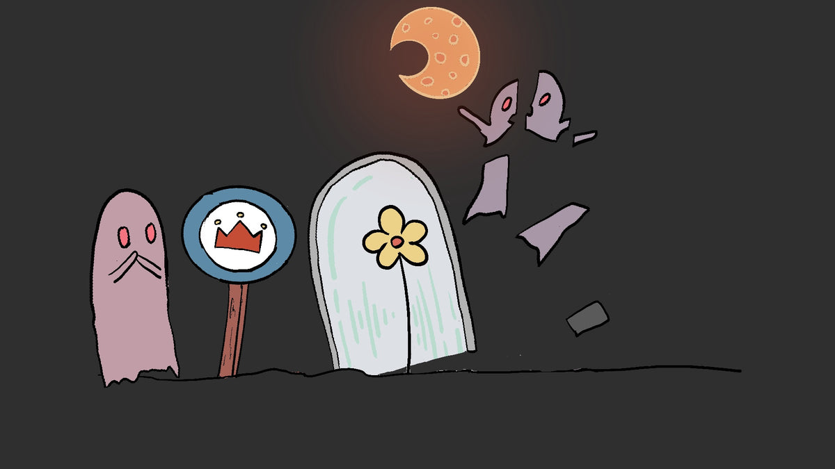 A whimsical cartoon-style illustration on a dark background showing a pale pink ghost-like figure, a round sign with a sad face and crown, a white tombstone with a yellow flower, and broken purple fragments near a crescent moon.