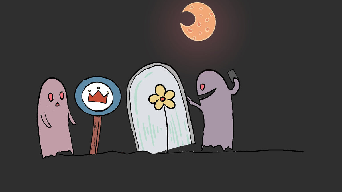 A whimsical cartoon scene at night with three ghost-like figures and a tombstone under a crescent moon. The left ghost look at a sign with a crown, the center tombstone has a flower, and the right ghost holds a phone.