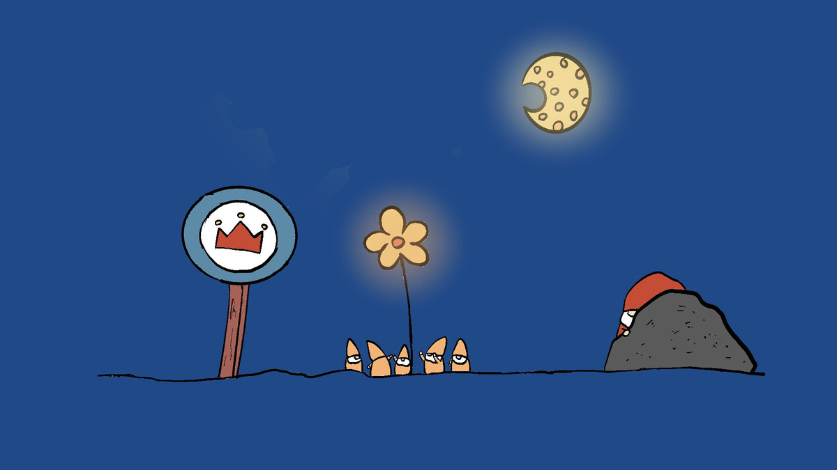 a round signpost with a red crown, a glowing yellow flower, 5 mini Sveinn, a gray rock, and a yellow moon.