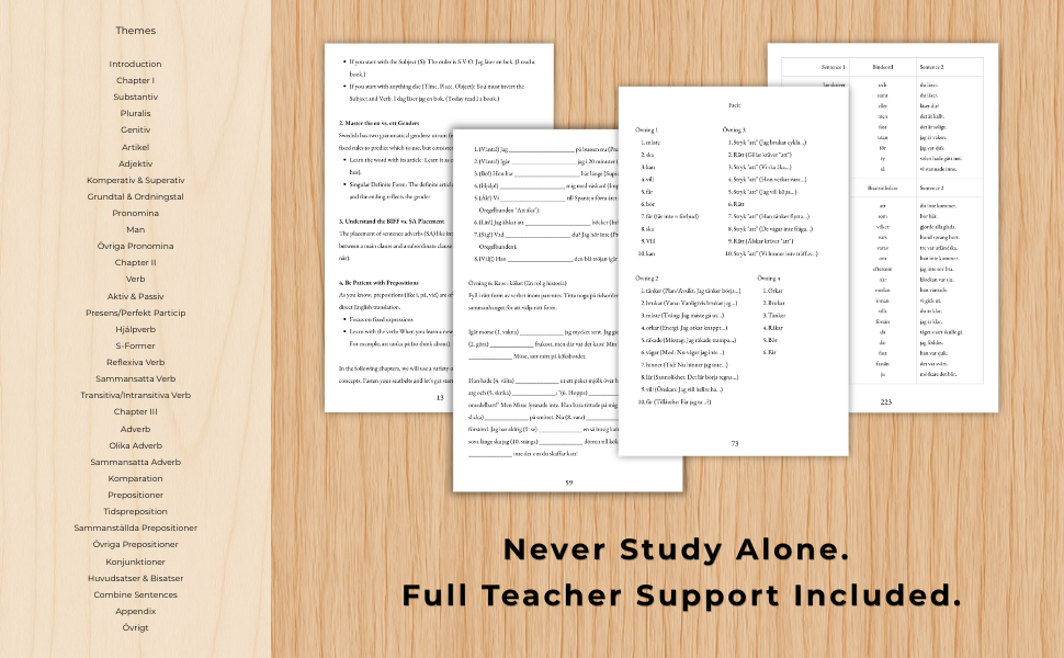 four sheets of paper with text on a wooden surface, featuring the text 'Never Study Alone. Full Teacher Support Included.'