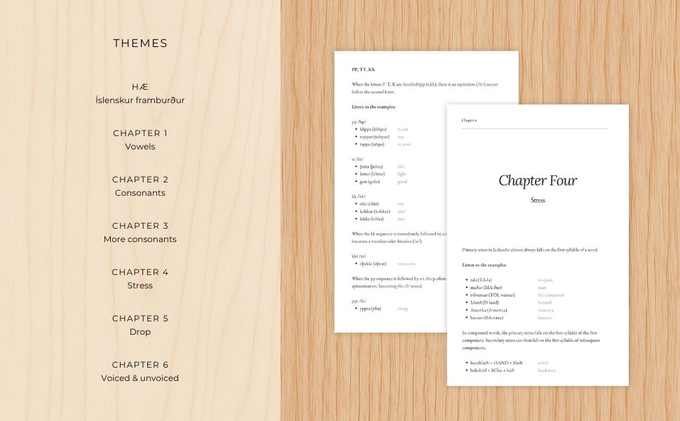 Two pages from a book or document on a wooden surface with text and chapter headings.