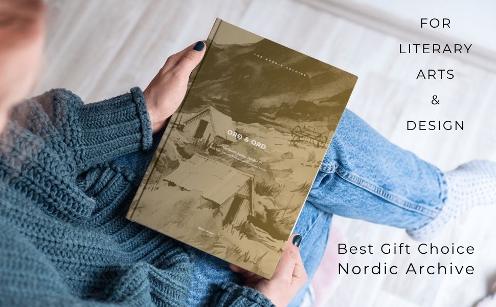 Person holding a book titled 'orð & ord' with text about literary arts and design.