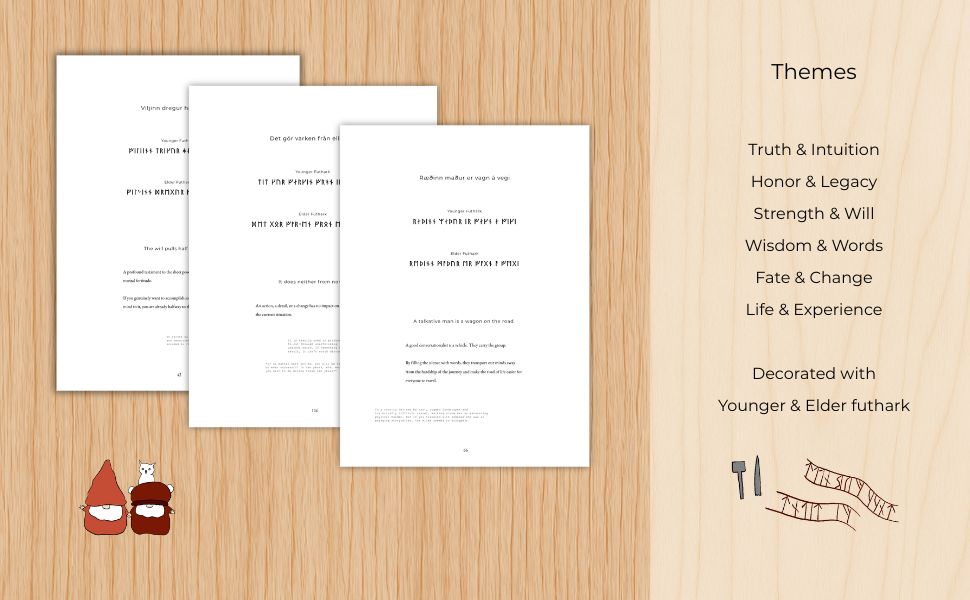 Three white cards with text on a wooden surface, accompanied by a list of themes.
