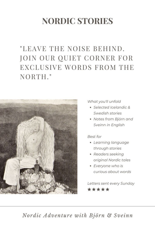 Promotional text for 'Nordic Stories' with a silhouette of a person sitting on a rock.