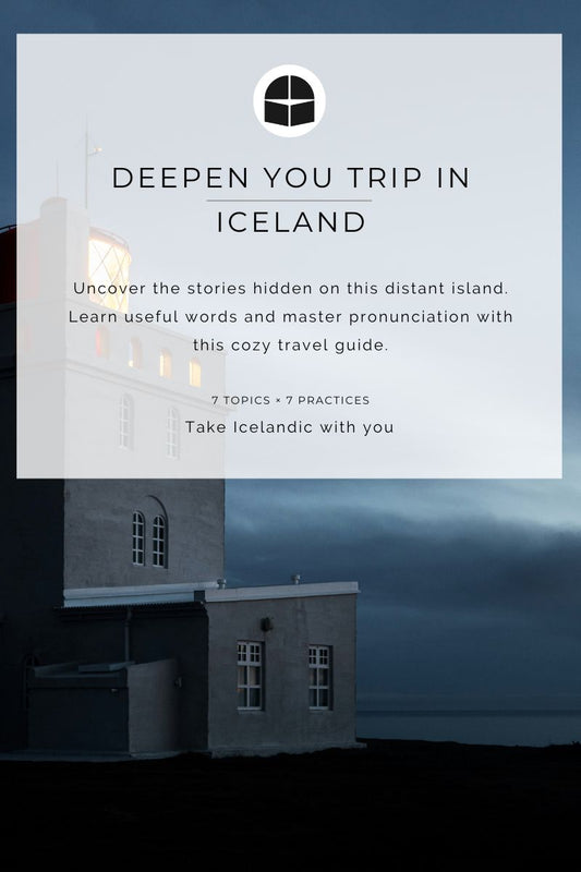 Promotional graphic for a travel guide titled 'DEEPEN YOU TRIP IN ICELAND' with a semi-transparent white text box over a dark coastal building scene at dusk.