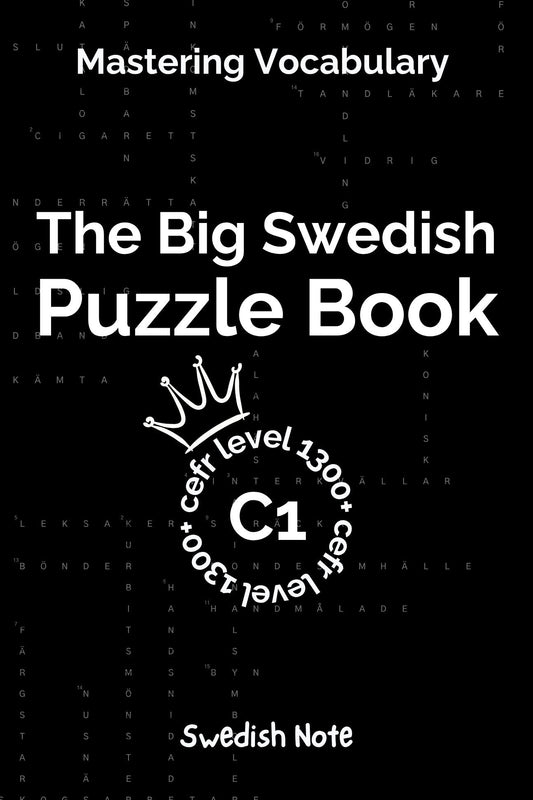 Book cover of 'The Big Swedish Puzzle Book' with text and a logo on a black background