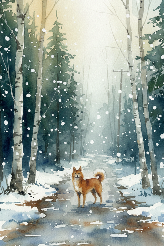 Watercolor painting of a dog standing on a snowy path in a forest