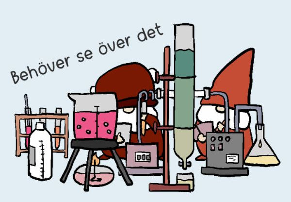 A whimsical cartoon illustration of a laboratory scene with Björn and Sveinn behind scientific equipment, including a beaker of pink liquid, a tall glass apparatus, a flask, and other test tubes, on a pale blue background.