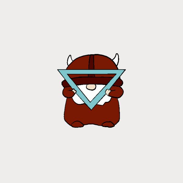 Cartoon Björn with helmet holding a blue triangle on a light gray background