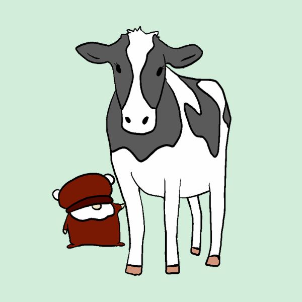 A cartoon-style illustration of a black-and-white cow standing next to a small Björn.