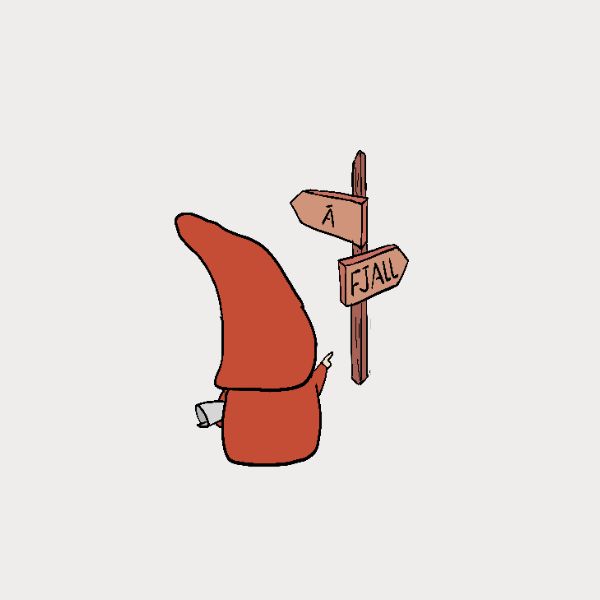 Illustration of a red creature Sveinn with a wooden signpost on a light gray background